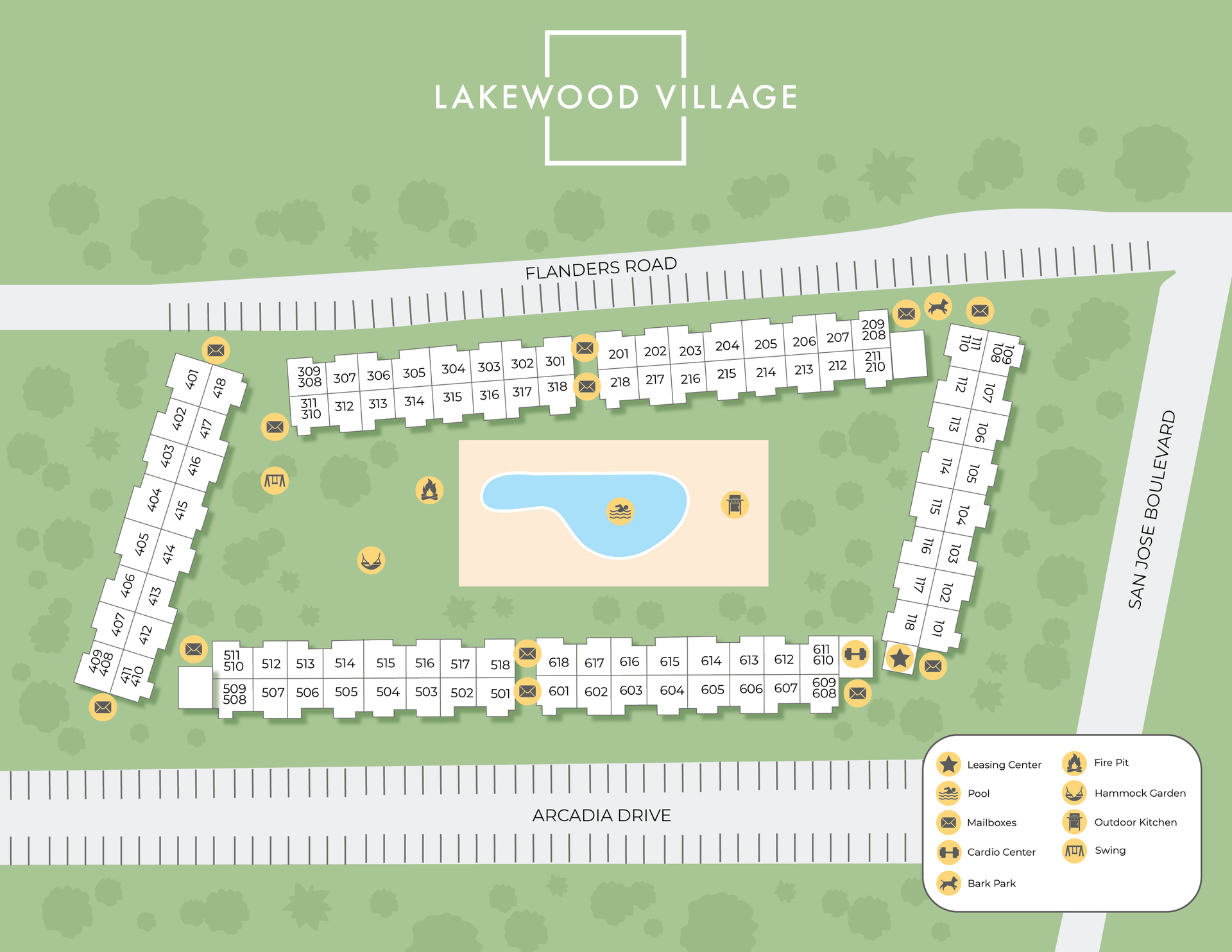 A 2D rendering of the Lakewood Village community in Jacksonville, Florida. 