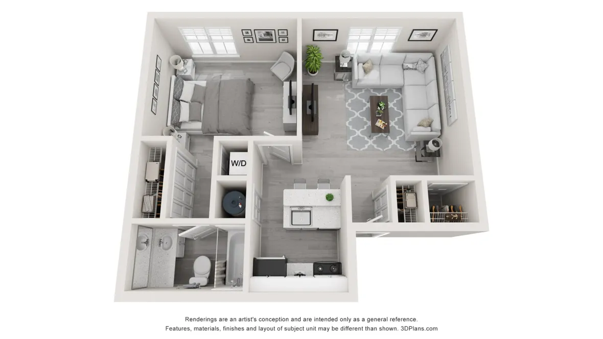 Floor plan for Alibi, one bed one bath. 