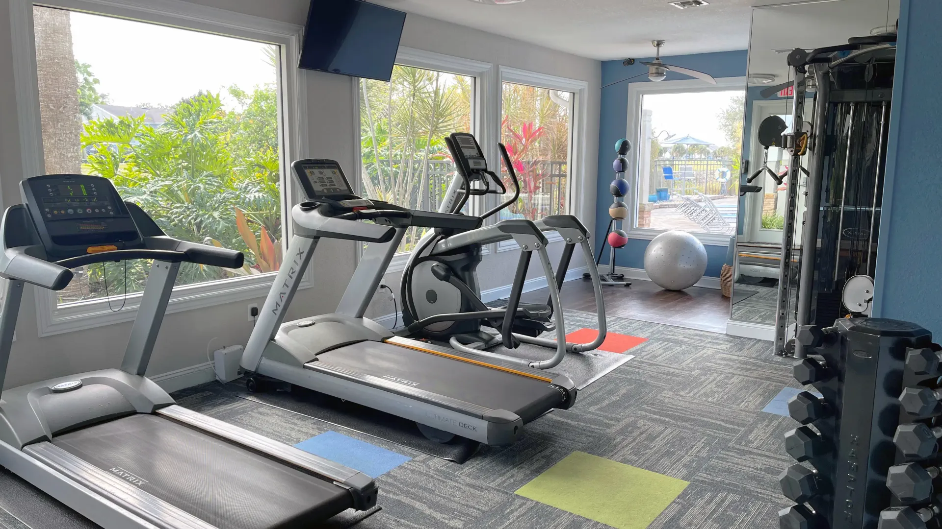 Modern fitness center with cardio and weight equipment, inviting you to crush your workout goals in a fun and inspiring space.