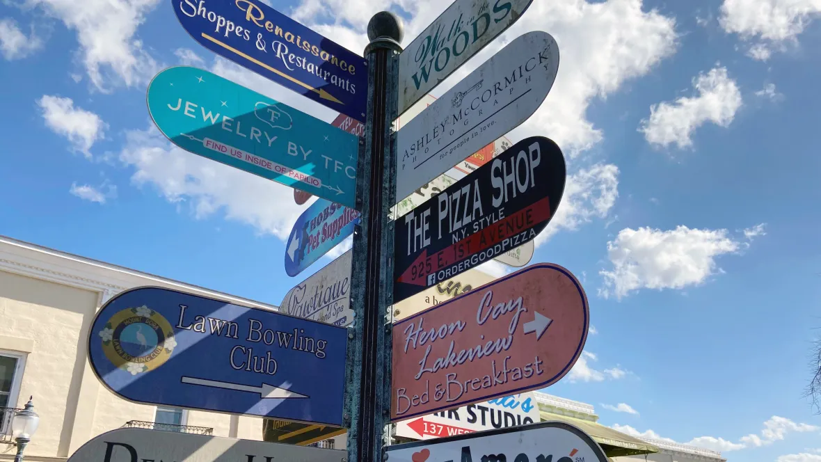 A sign in downtown Mount Dora, pointing visitors to all of the shops and attractions in the area.