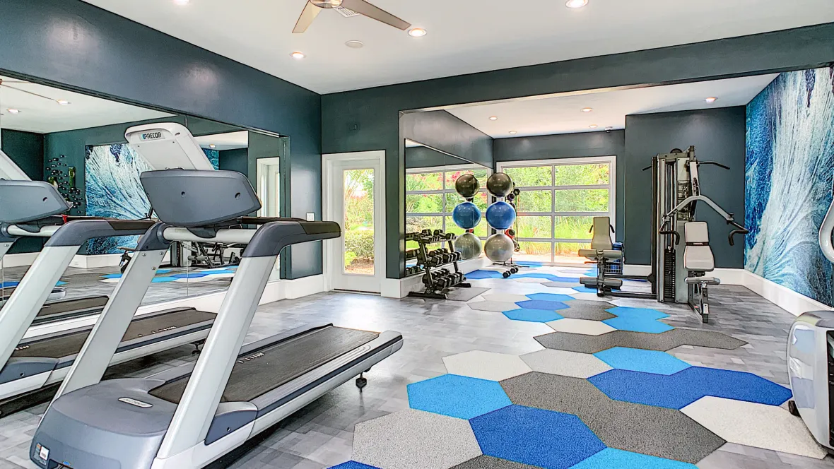 A corner of the fitness center, featuring a multi-function weight machine, free weights, yoga balls, and treadmills.
