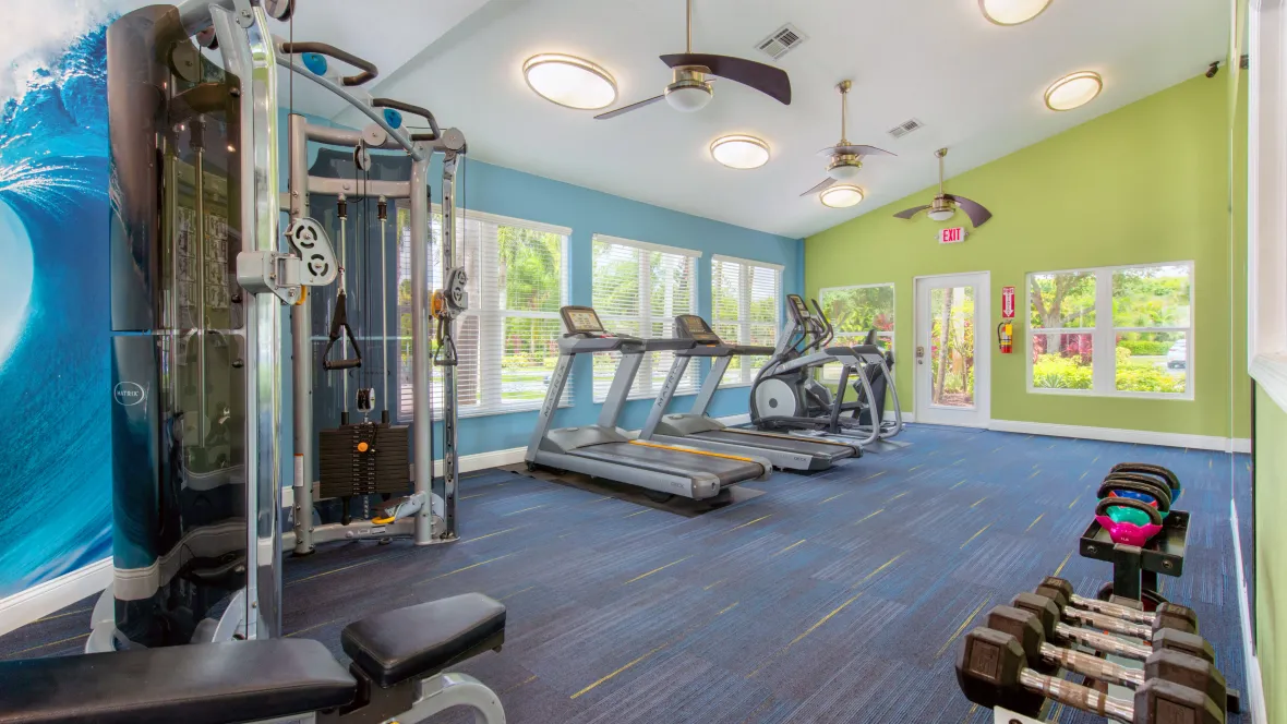 A modern resident gym offering treadmills and elliptical machines, weight benches, and free weights with ample natural light for an invigorating atmosphere.