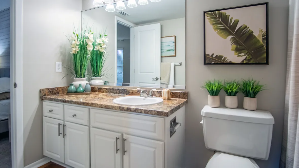 A large secondary bathroom featuring ample counter space and dual entrances for accessibility from the hallway or bedroom.