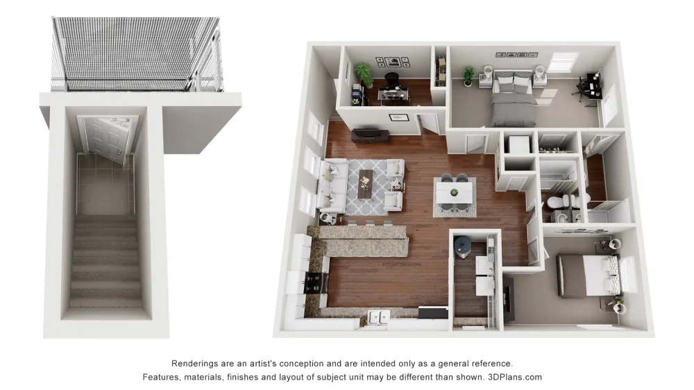 A 3D floor plan rendering of The Suite floor plan.