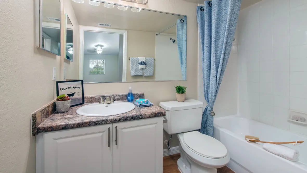 An impressive bathroom with wood-style flooring, a neutral granite-inspired vanity, a white tile shower/tub