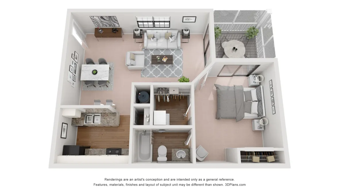 A photo of our 1x1 floor plan, The Elmwood.
