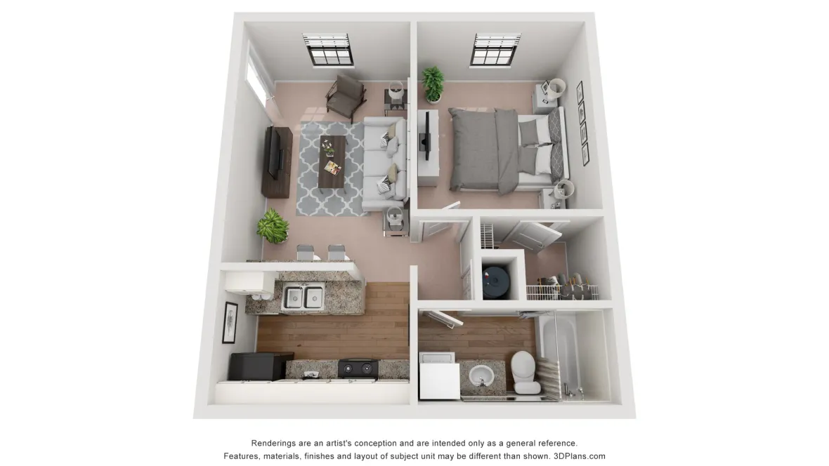 A photo of our 1x1 floor plan, The Oakwood.