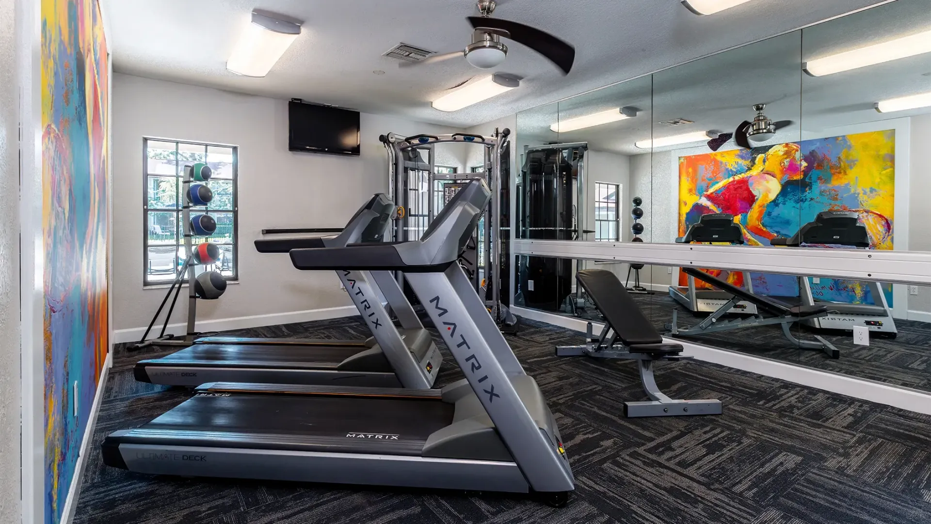 The 24-hour fitness center equipped with cardio and weight training equipment