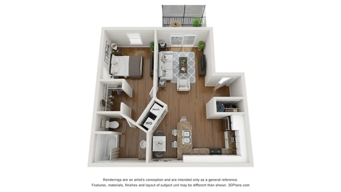A photo of our 1x1 floor plan, The Bella.