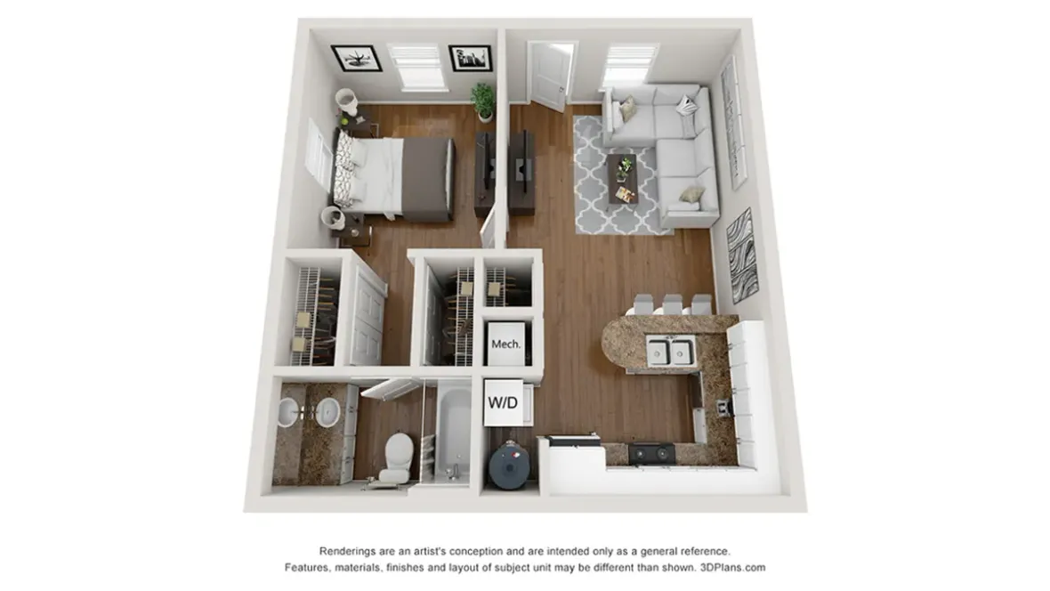 A photo of our 1x1 floor plan, The Carolina.