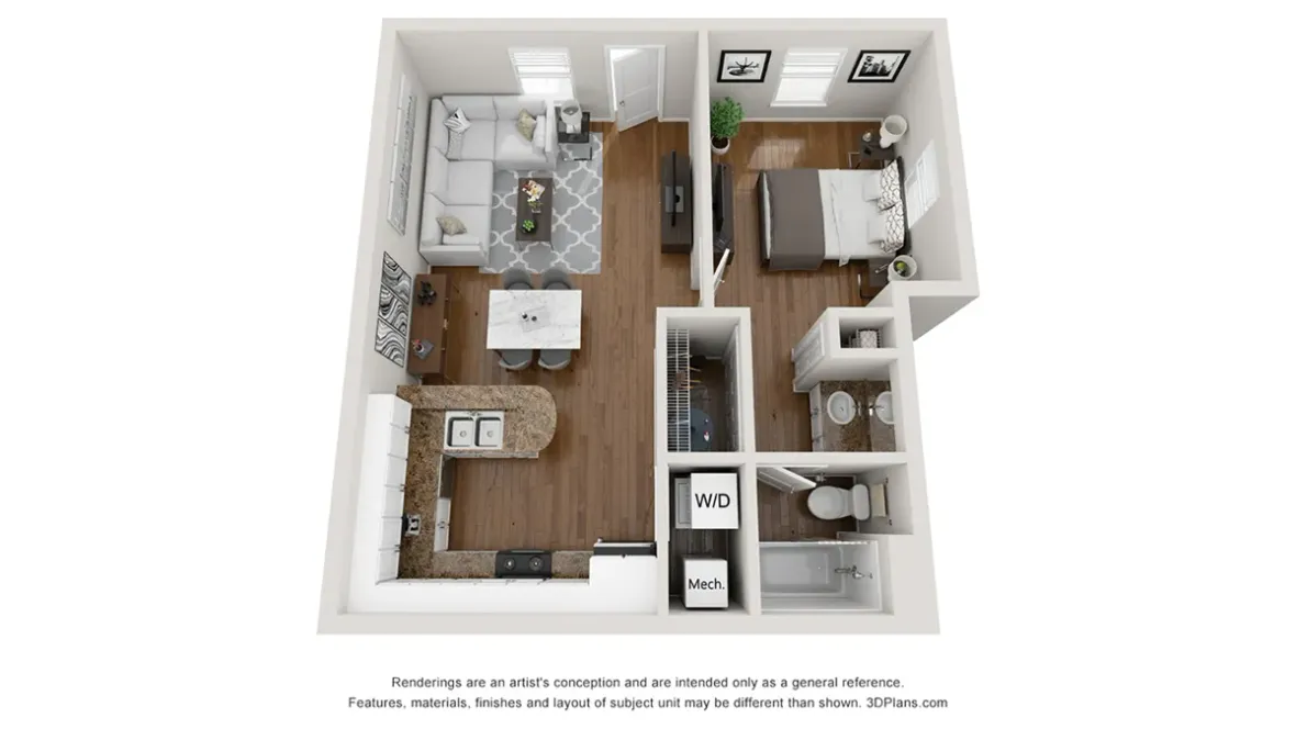 A photo of our 1x1 floor plan, The Royal.