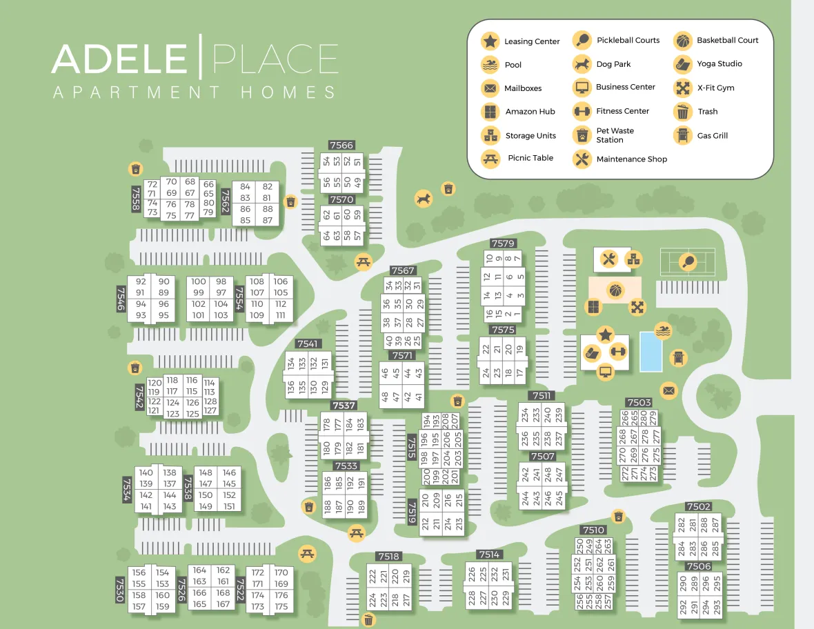 A property map of Adele Place showing the layout of the community.
