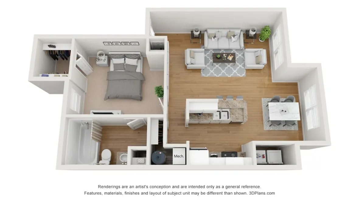 A photo of our 1x1 floor plan, The Mason.