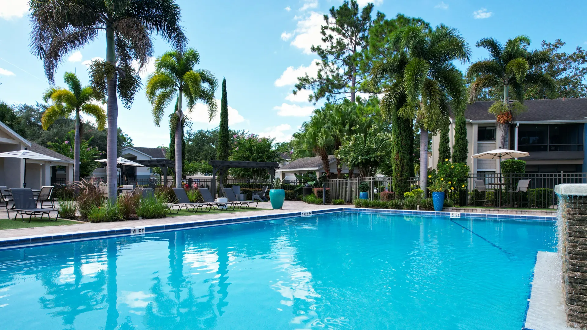 Resort-style pool at Harper Grand Apartments with palm trees, lounge chairs, and umbrellas, providing a serene and relaxing atmosphere.