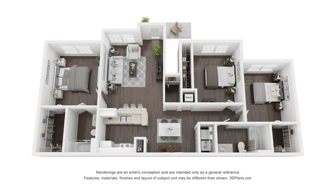 A 3D rendering of the floor plan for the Mangrove apartment home