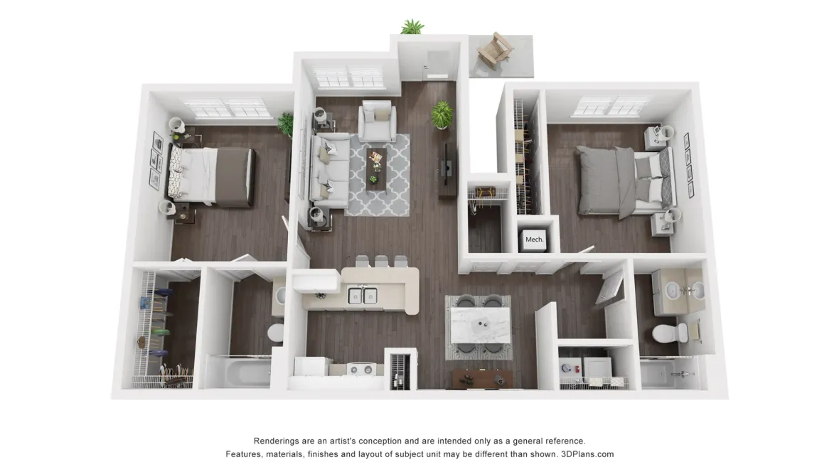 A 3D rendering of the floor plan for the Palm apartment home