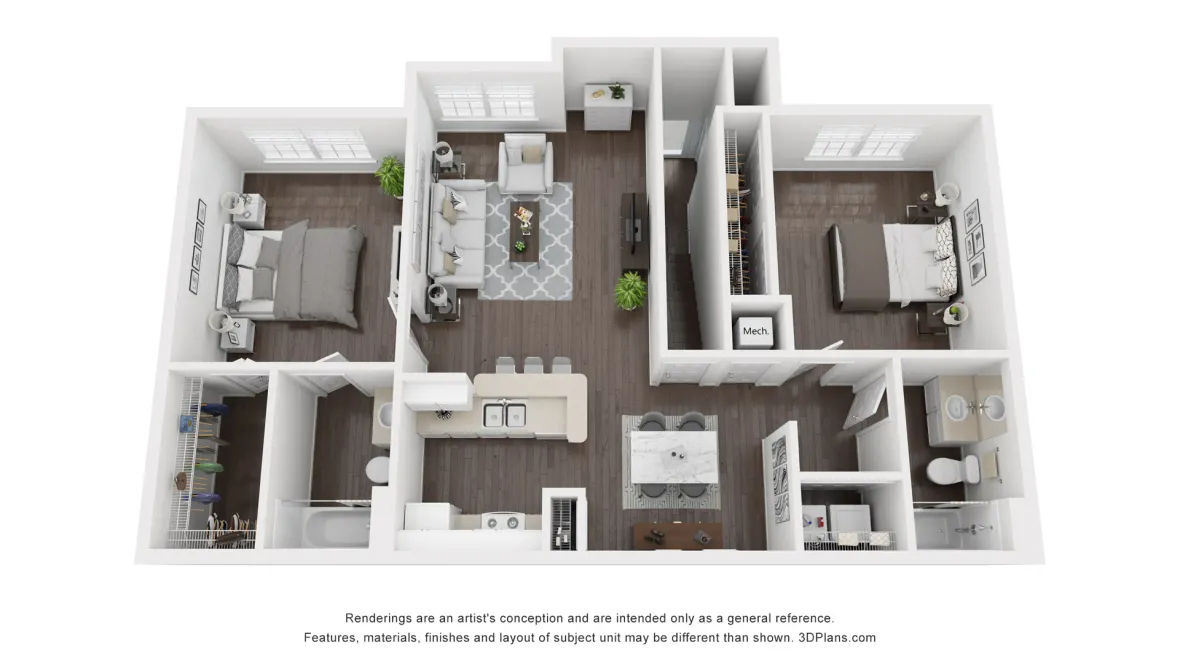 A 3D rendering of the floor plan for the Palm B apartment home
