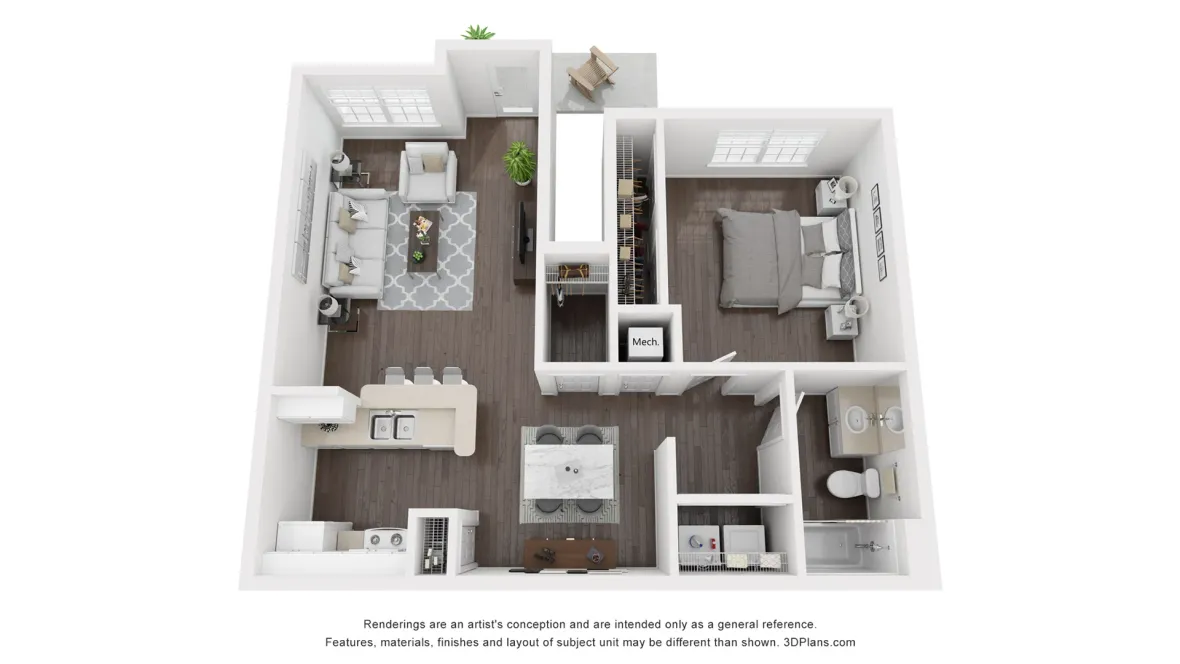A 3D rendering of the floor plan for the Sabal apartment home