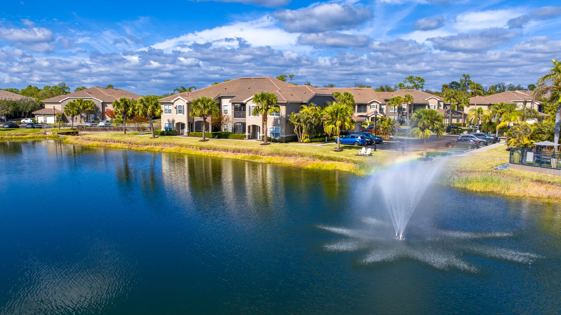 Beautiful apartment homes with a tranquil lake, walking paths, and a sparkling fountain.