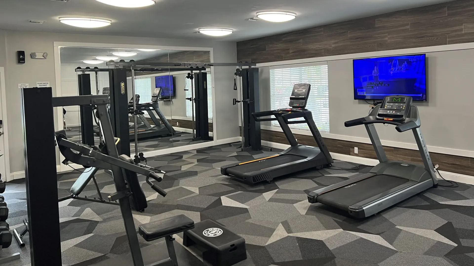 The interior of the resident gym, showcasing state-of-the-art workout equipment, mirrored walls, and a variety of workout equipment ranging from treadmills to weight training machines.