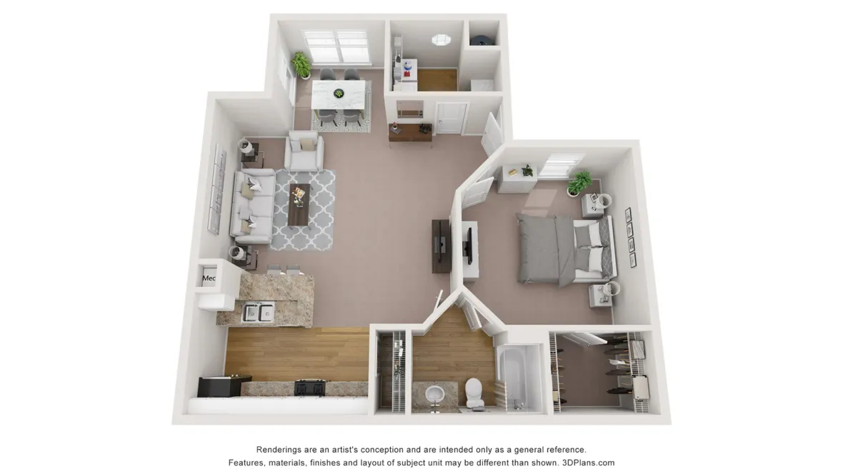 A photo of our 1x1 floor plan, The Pine.
