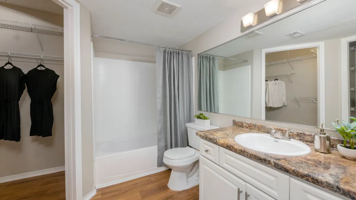 A sophisticated bathroom with spacious countertop, colossal mirror, and modern design with a gigantic closet attached. 