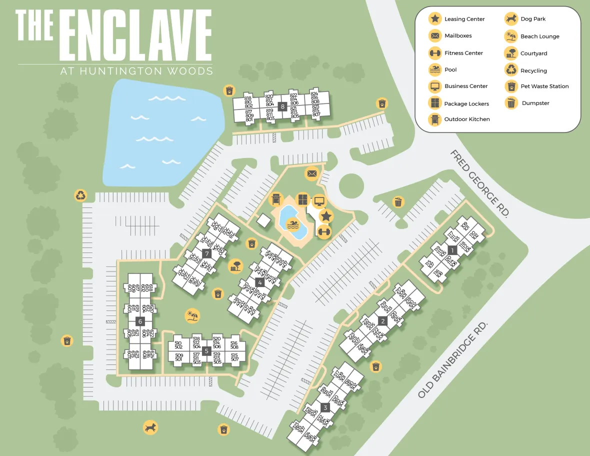 A property map of The Enclave at Huntington Woods showing the layout of the community.
