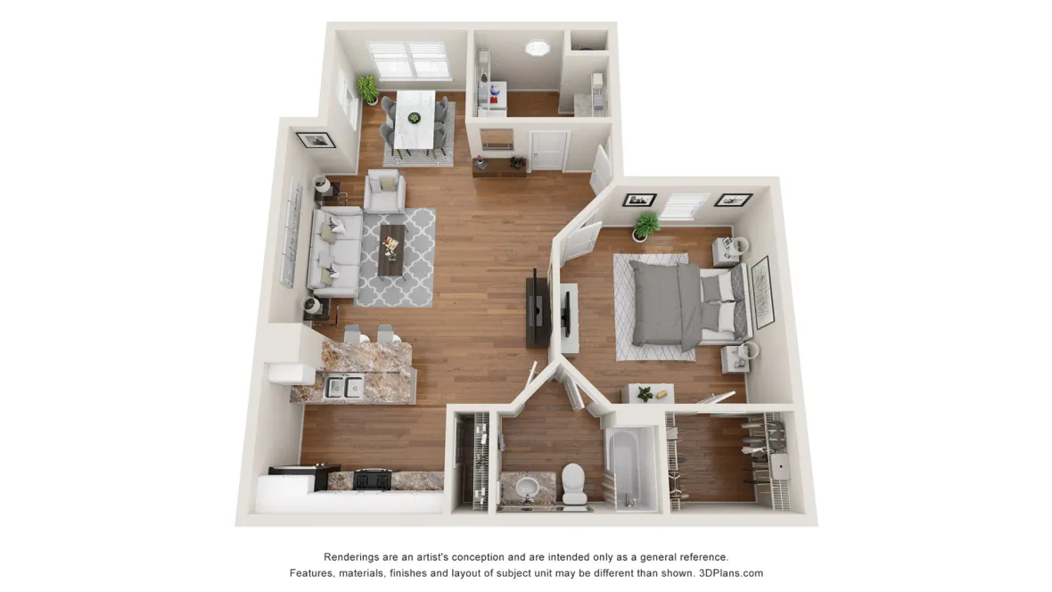 A 3D floor plan rendering of the 1 bedroom, 1 bathroom floor plan
