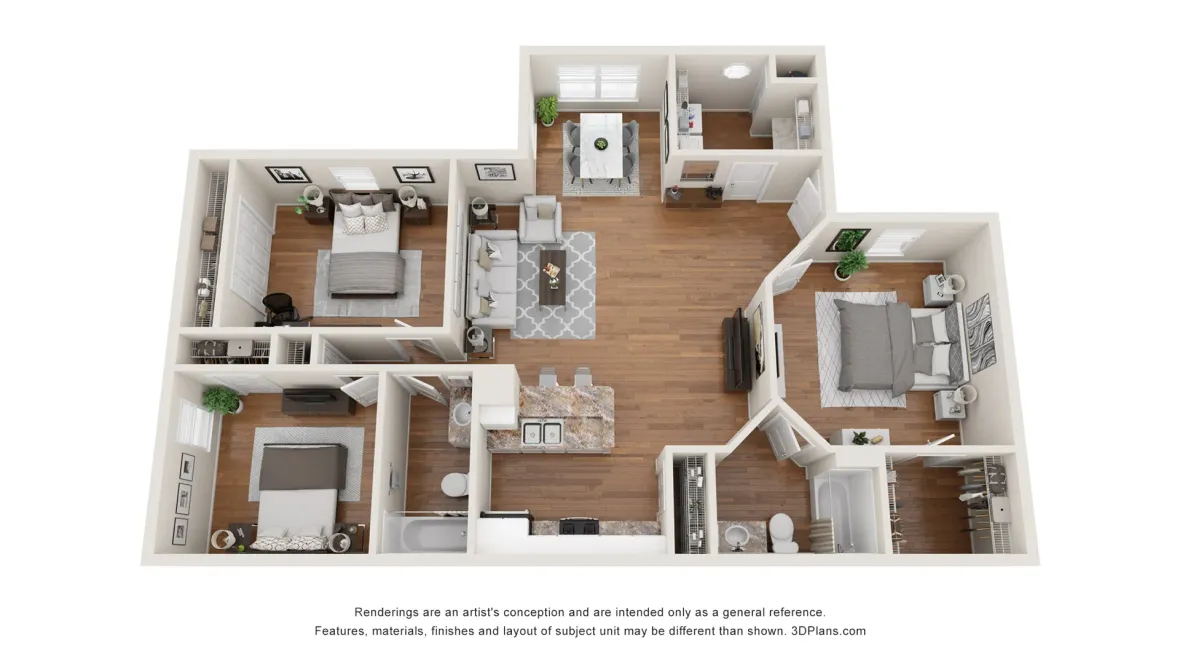 A 3D floor plan rendering of the 3 bedroom, 2 bathroom floor plan