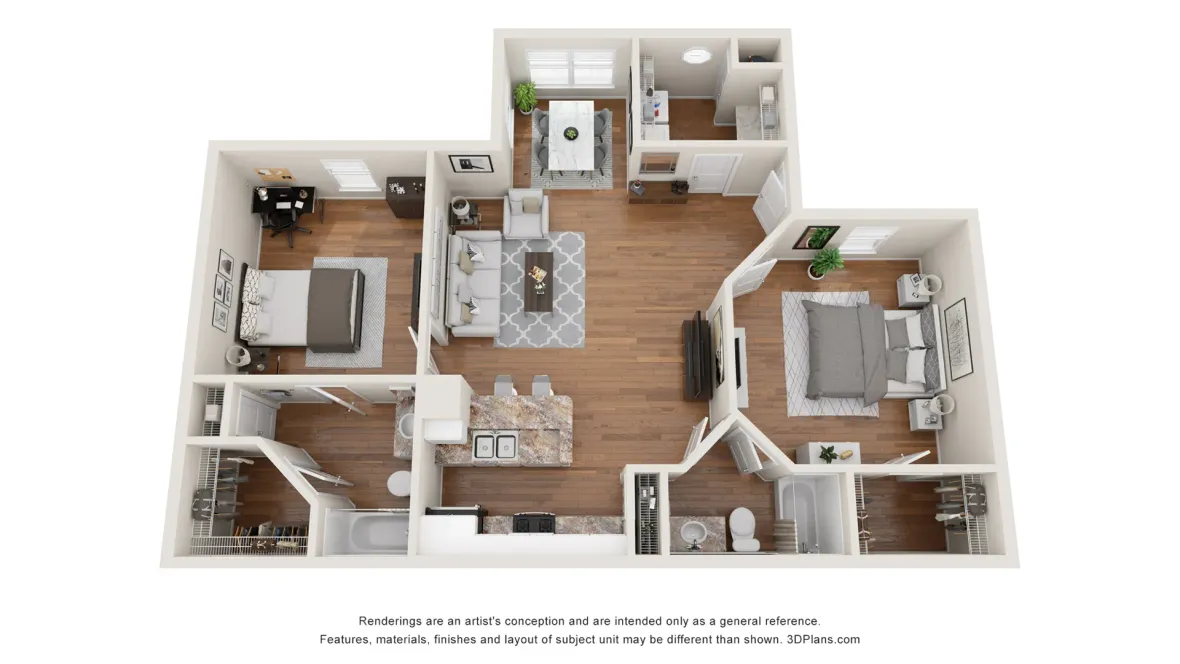A 3D floor plan rendering of the 2 bedroom, 2 bathroom floor plan