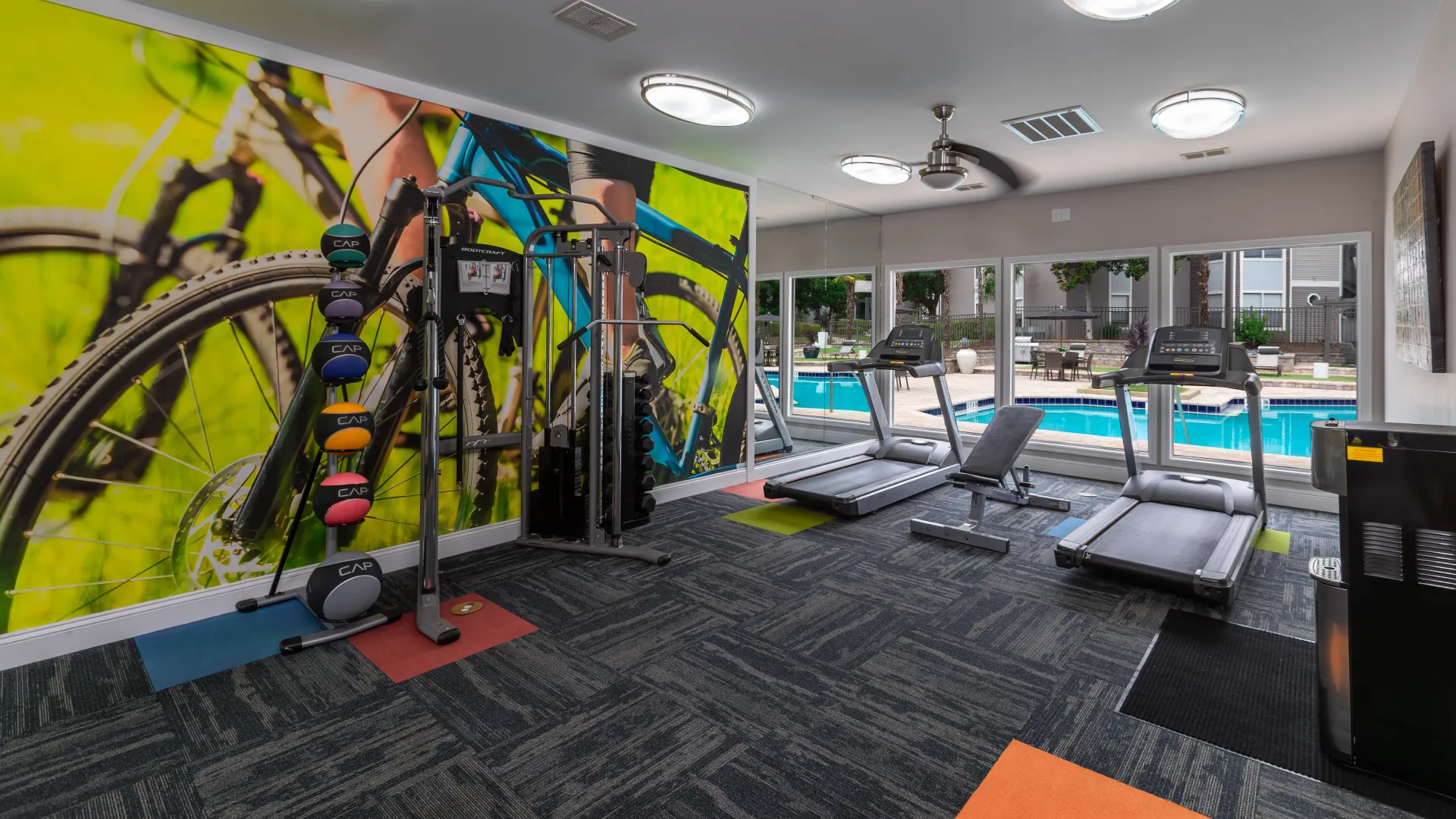 Fitness center at Oasis at 1800 with treadmills and weight equipment next to poolside windows.