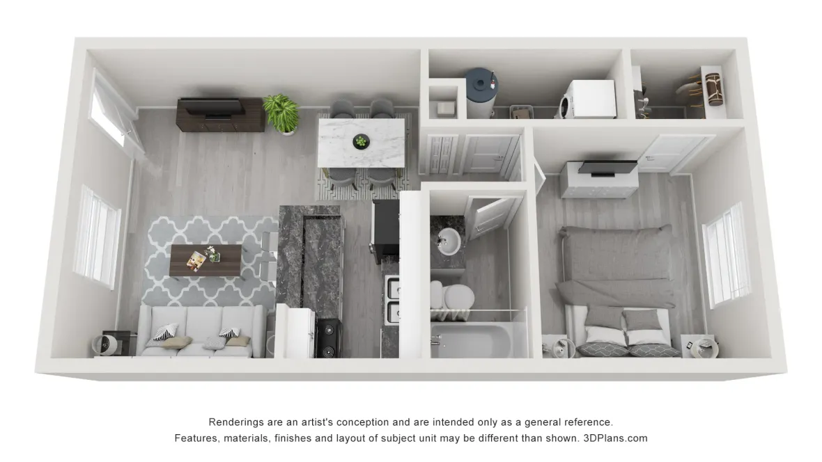 A 3D floor plan rendering of The Chic. 
