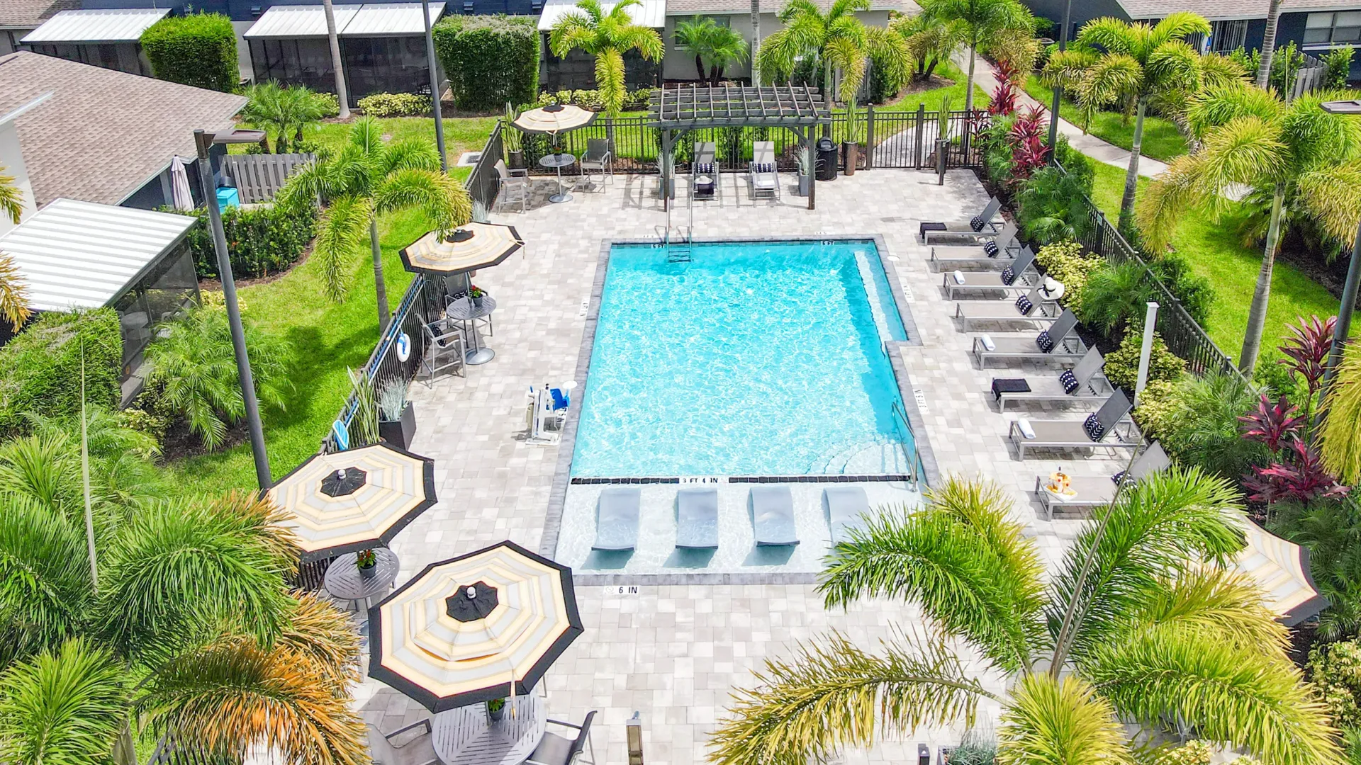 An aerial view of our glittering swimming pool with plentiful sunbeds, surrounded by lush palm trees and tropical foliage, a serene oasis in the heart of Winter Garden, Florida.