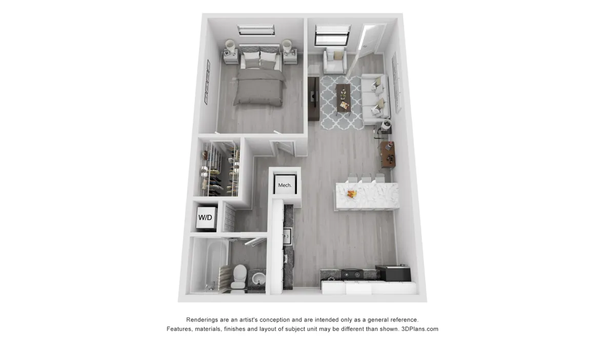 A photo of our 1x1 floor plan, The Tony.