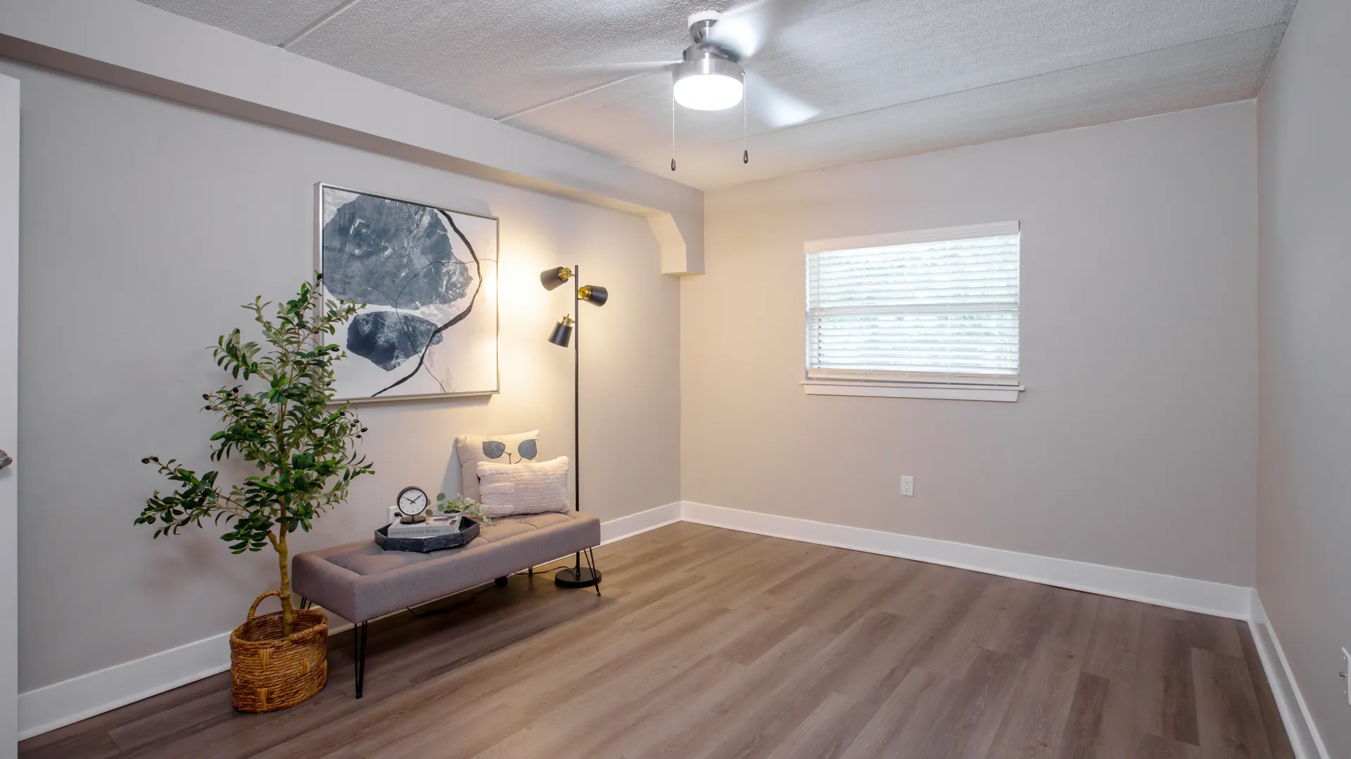 Spacious bedroom featuring wood-style flooring, a ceiling fan, and modern decor with a cushioned bench, a floor lamp, and a decorative plant.