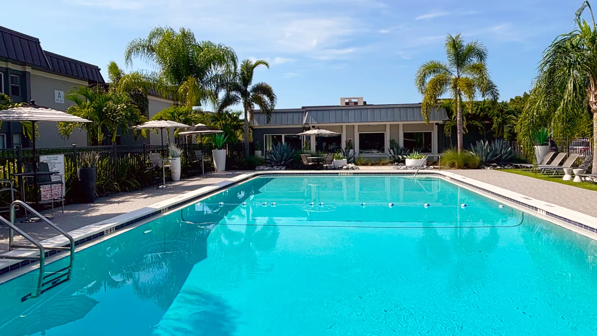 Swimming pool with lounge chairs, umbrellas, and the leasing office building in the background, surrounded by lush landscaping and palm trees.