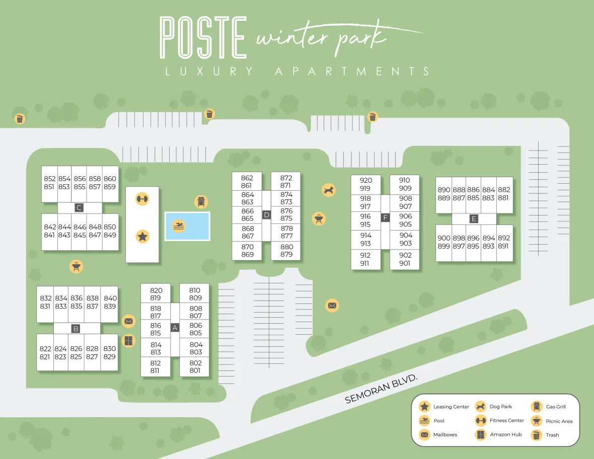 A 2D rendering of the POSTE Winter Park community in Winter Park, Florida.