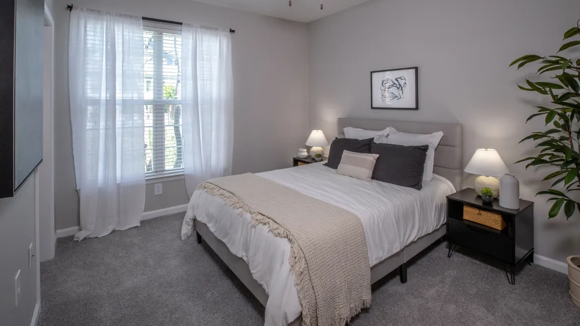 A generously spaced guest bedroom fit for a king-size bed, featuring a wide, double-hung window, a breezy ceiling fan, and luxurious neutral-toned carpet ensuring comfort and abundant lighting.