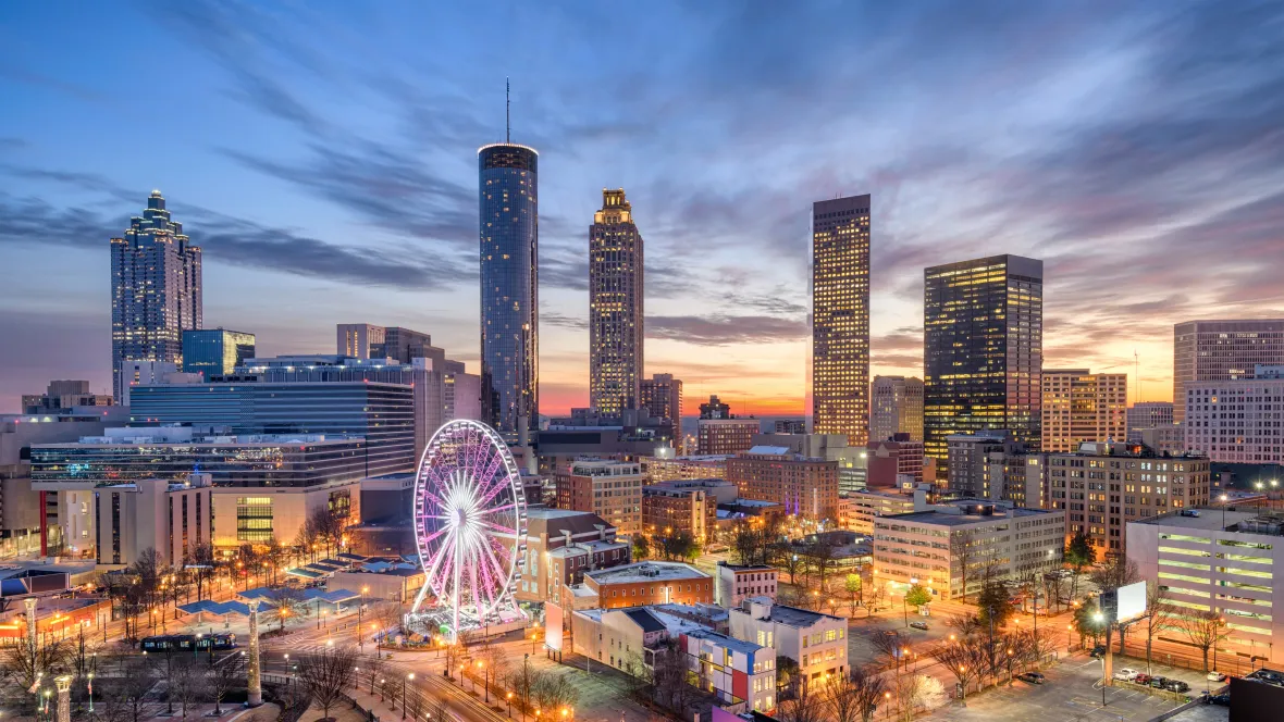 A bird's eye view shot of Atlanta, Georgia at night.
