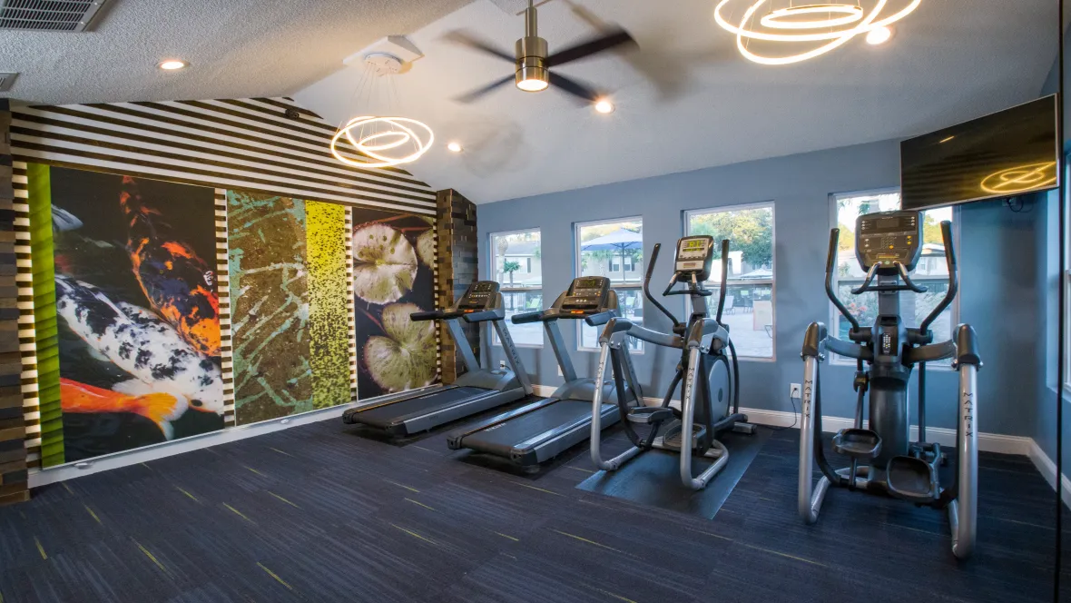 Our resident gym offering a row of cardio machines, including ellipticals and treadmills, facing a wall of windows looking out to the vibrant pool deck for a motivating workout.
