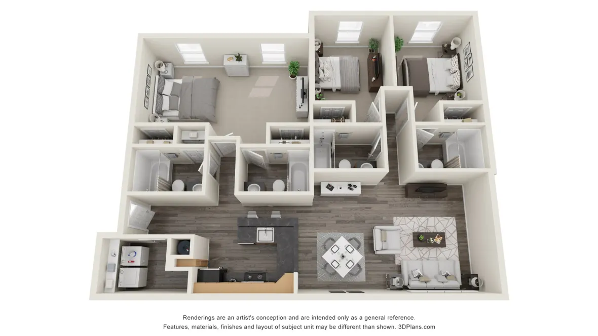 A 3D floor plan rendering of The Myriad