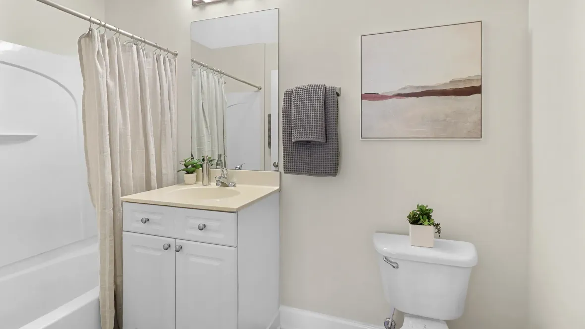A charming, spacious bathroom with white cabinetry, bright lighting, and a roomy shower/tub combo