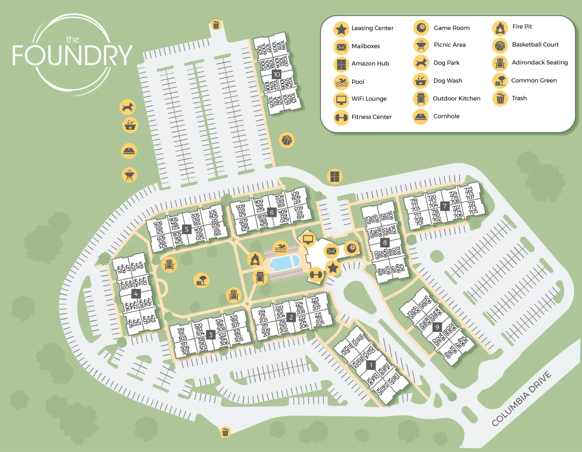 A map rendering of The Foundry apartment community