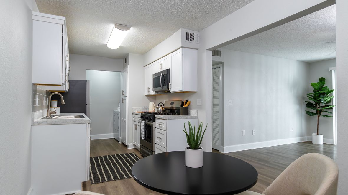 A modern kitchen featuring a stainless-steel appliance package, a large pantry, and an adjoining laundry space with washer and dryer, adding convenience and sophistication to the living area.