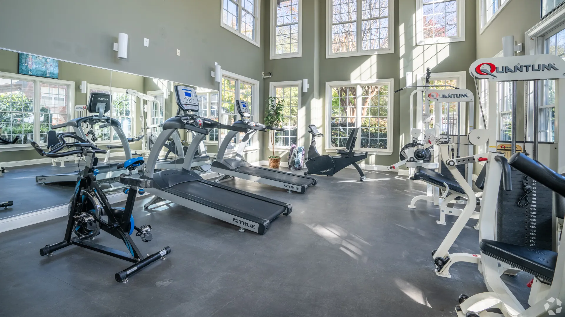 Fitness center at Legacy at West Cobb Apartments featuring treadmills, exercise bikes, and weight machines with large windows letting in natural light.