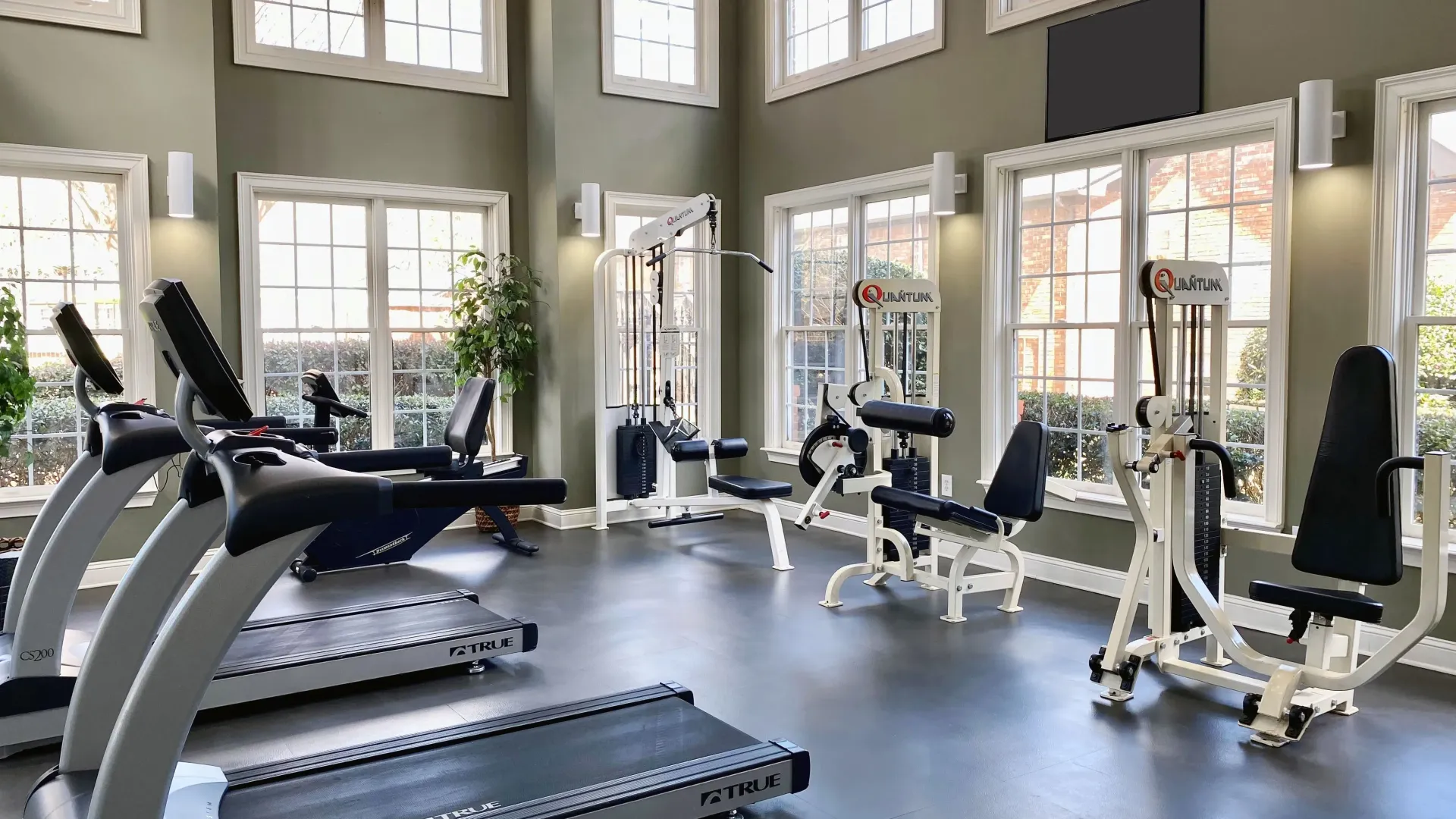 A spacious gym with tall ceilings and large windows offering abundant natural lighting, complete with rows of weight training machines and cardio equipment.