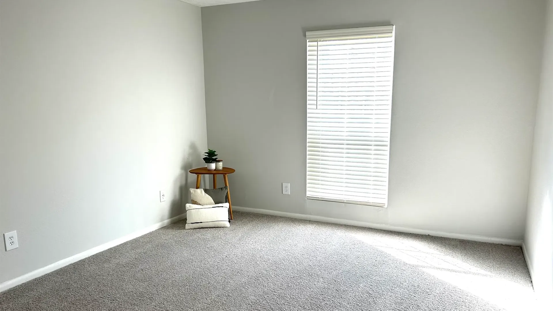 A large bedroom with plush carpeting and a window