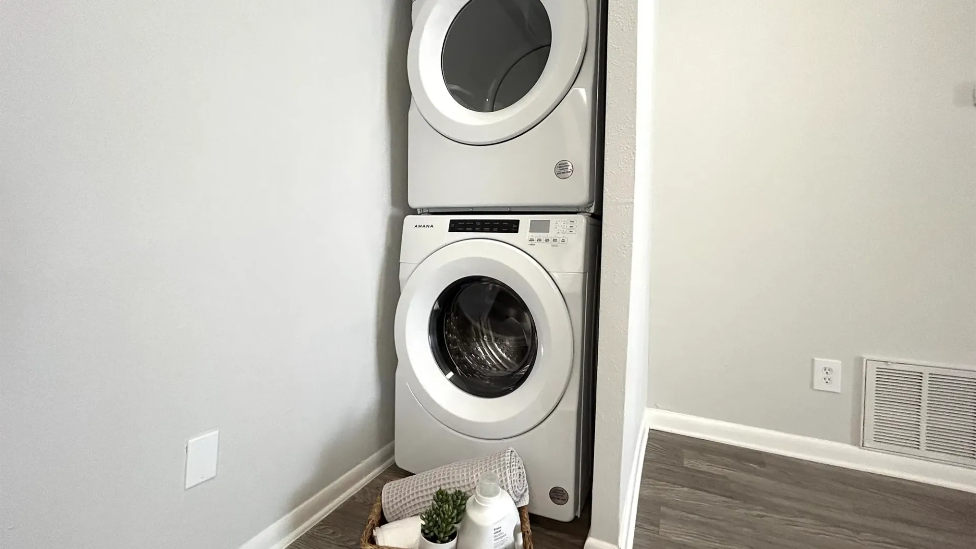 A stackable, front-loading washer and dryer
