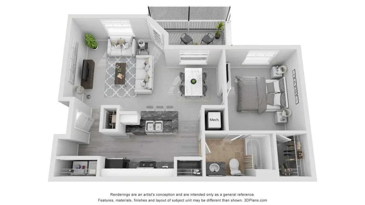 A 3D floor plan layout of our 1x1 floor plan, The Ashford.