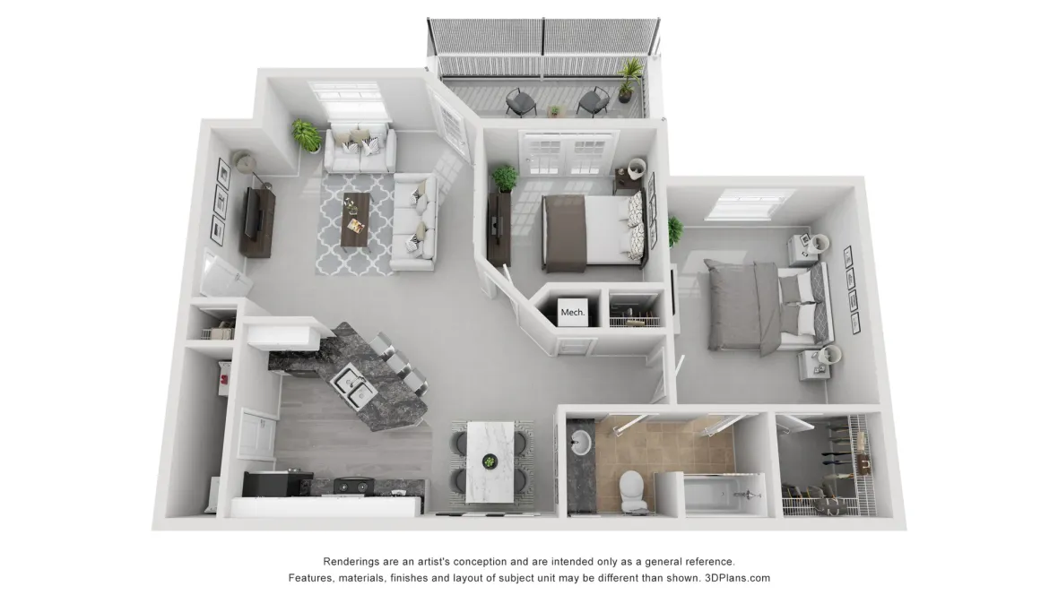 A 3D floor plan layout of our 2x1 floor plan, The Berkley.